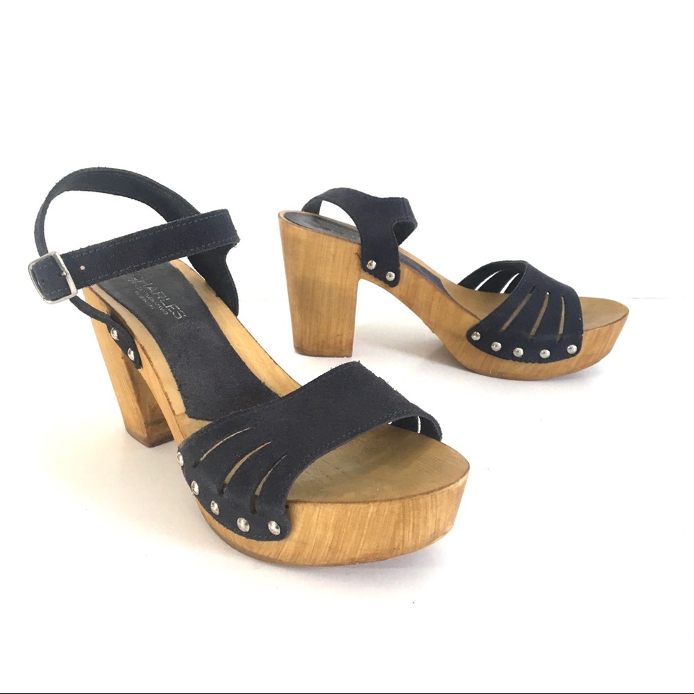 Anthropologie Charles David Coco Platform Sandals Sz 8 Navy Wood Suede High Heel